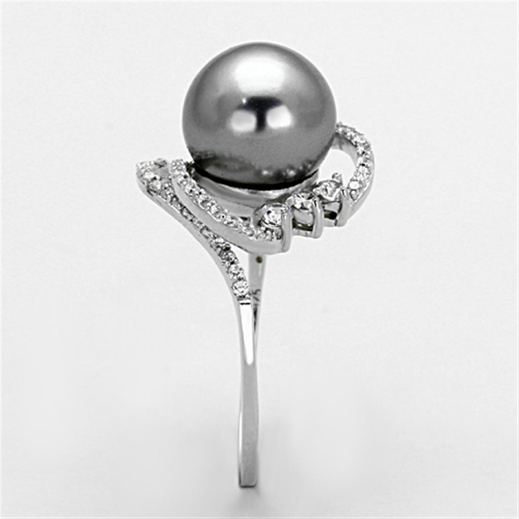 TS153 Rhodium 925 Sterling Silver Ring featuring a gray synthetic pearl, showcasing its elegant design and shiny finish.