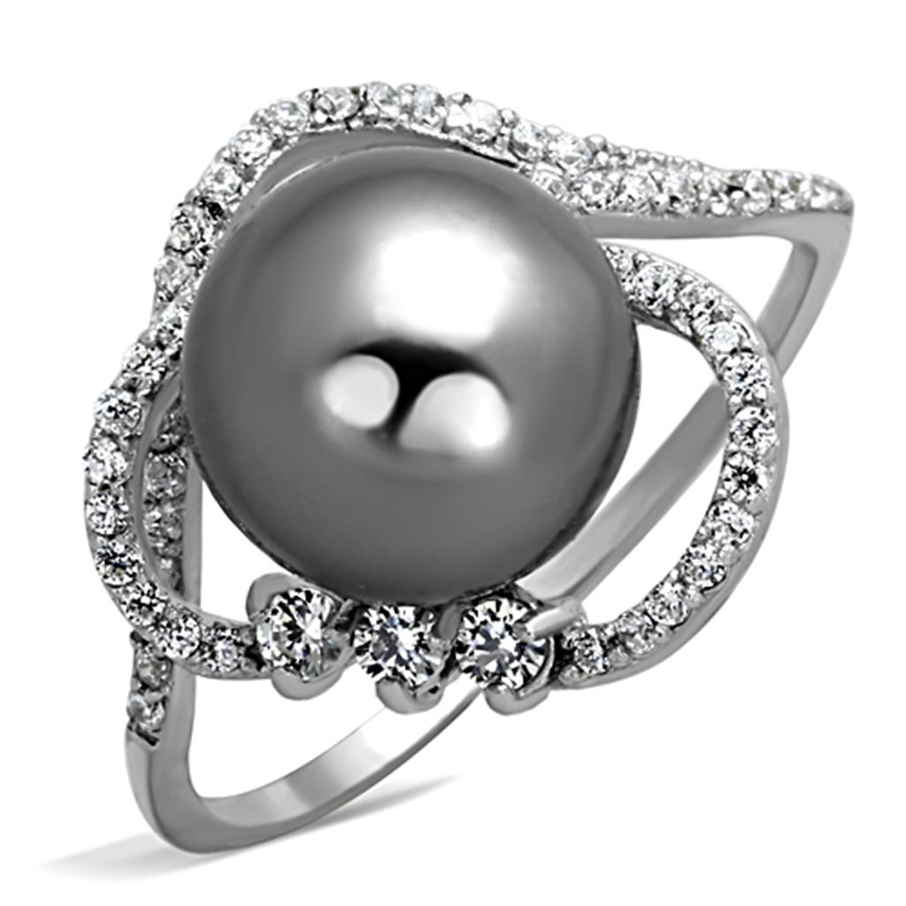 TS153 Rhodium 925 Sterling Silver Ring featuring a gray synthetic pearl, showcasing its elegant design and shiny finish.