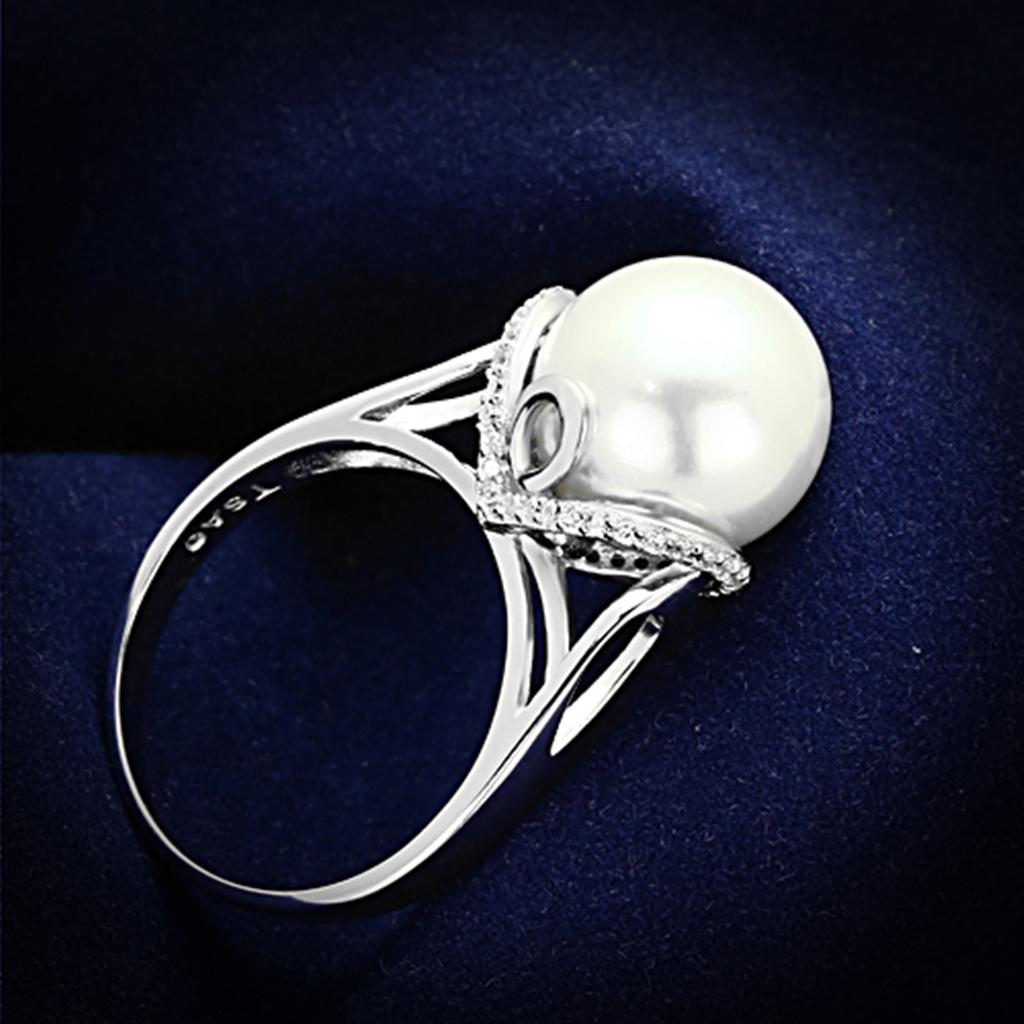 TS154 Rhodium 925 Sterling Silver Ring featuring a synthetic white pearl, showcasing its elegant design and high-quality craftsmanship.