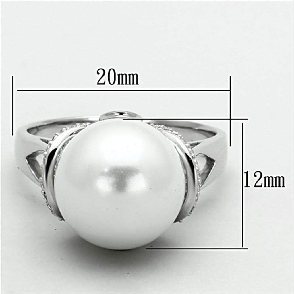 TS154 Rhodium 925 Sterling Silver Ring featuring a synthetic white pearl, showcasing its elegant design and high-quality craftsmanship.