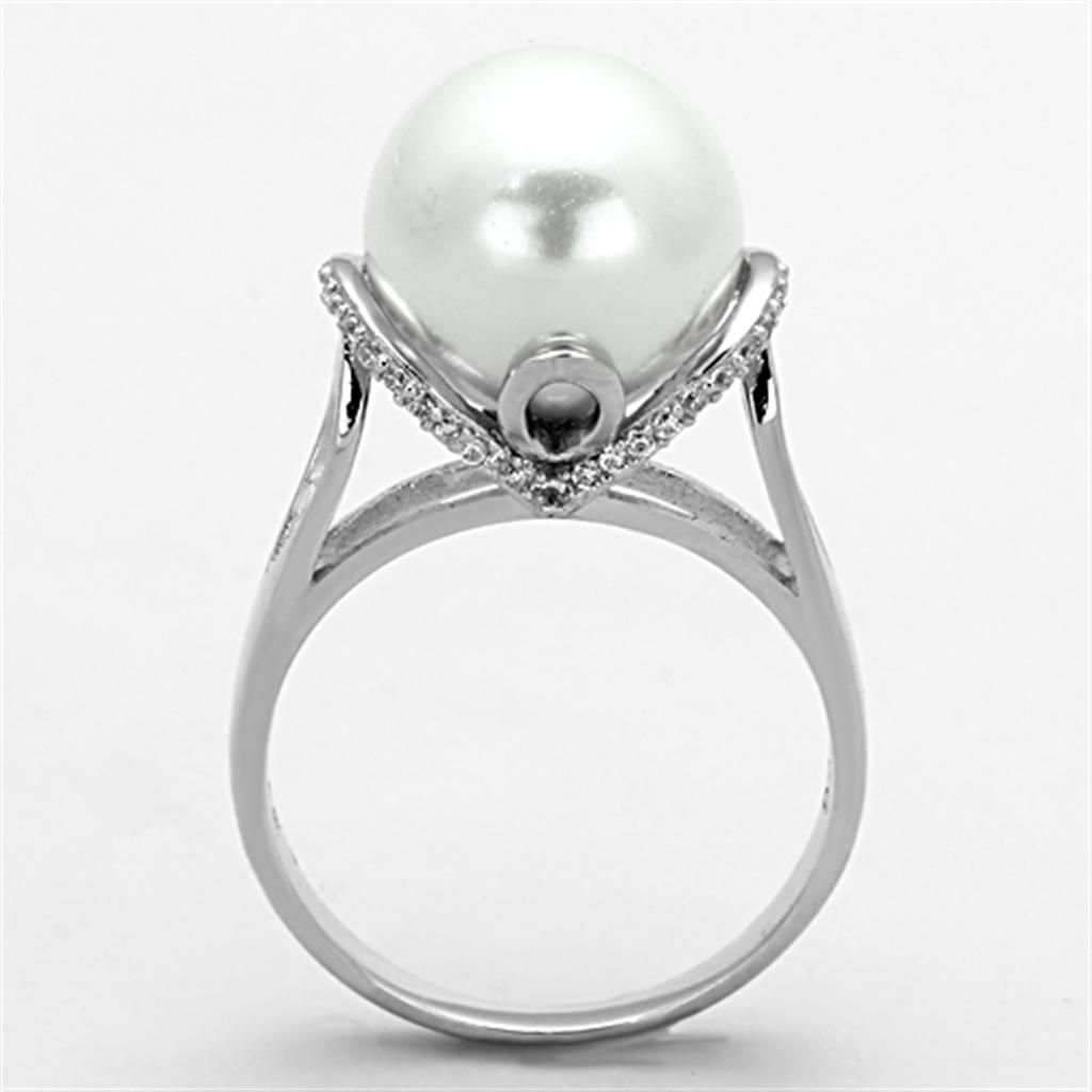 TS154 Rhodium 925 Sterling Silver Ring featuring a synthetic white pearl, showcasing its elegant design and high-quality craftsmanship.