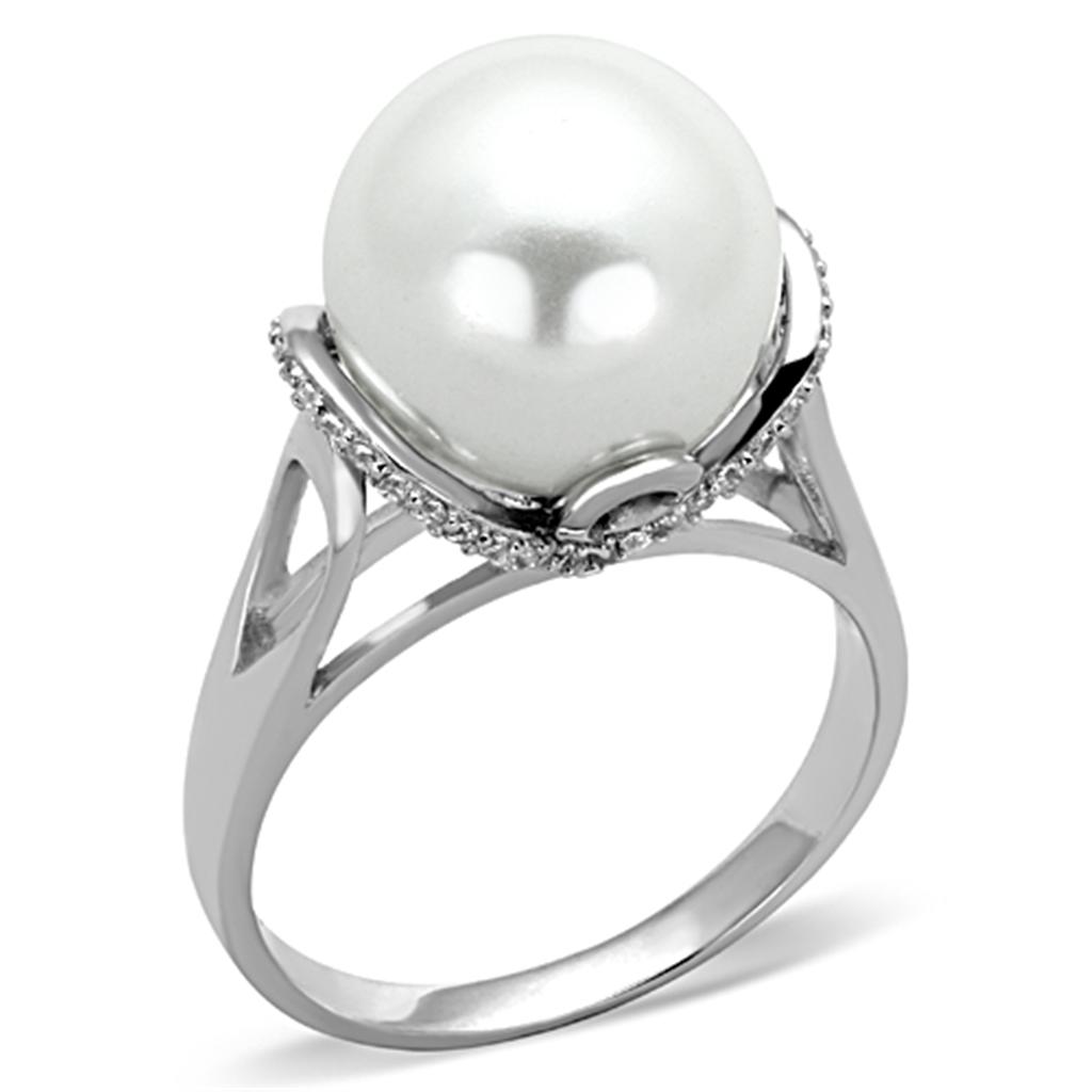 TS154 Rhodium 925 Sterling Silver Ring featuring a synthetic white pearl, showcasing its elegant design and high-quality craftsmanship.