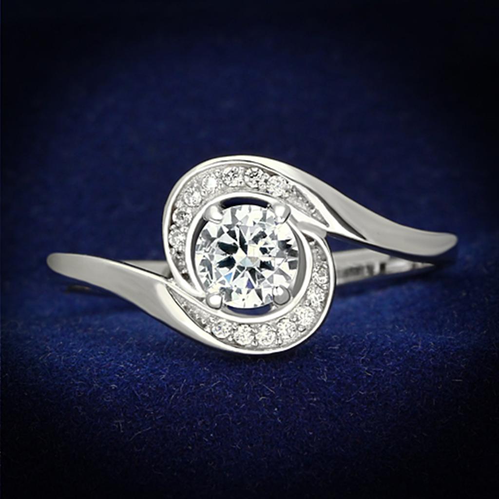 TS116 Rhodium 925 Sterling Silver Ring featuring a clear AAA Grade CZ stone, showcasing its elegant design and shiny finish.