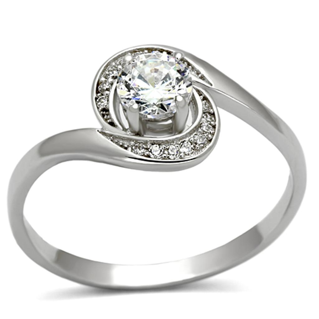 TS116 Rhodium 925 Sterling Silver Ring featuring a clear AAA Grade CZ stone, showcasing its elegant design and shiny finish.