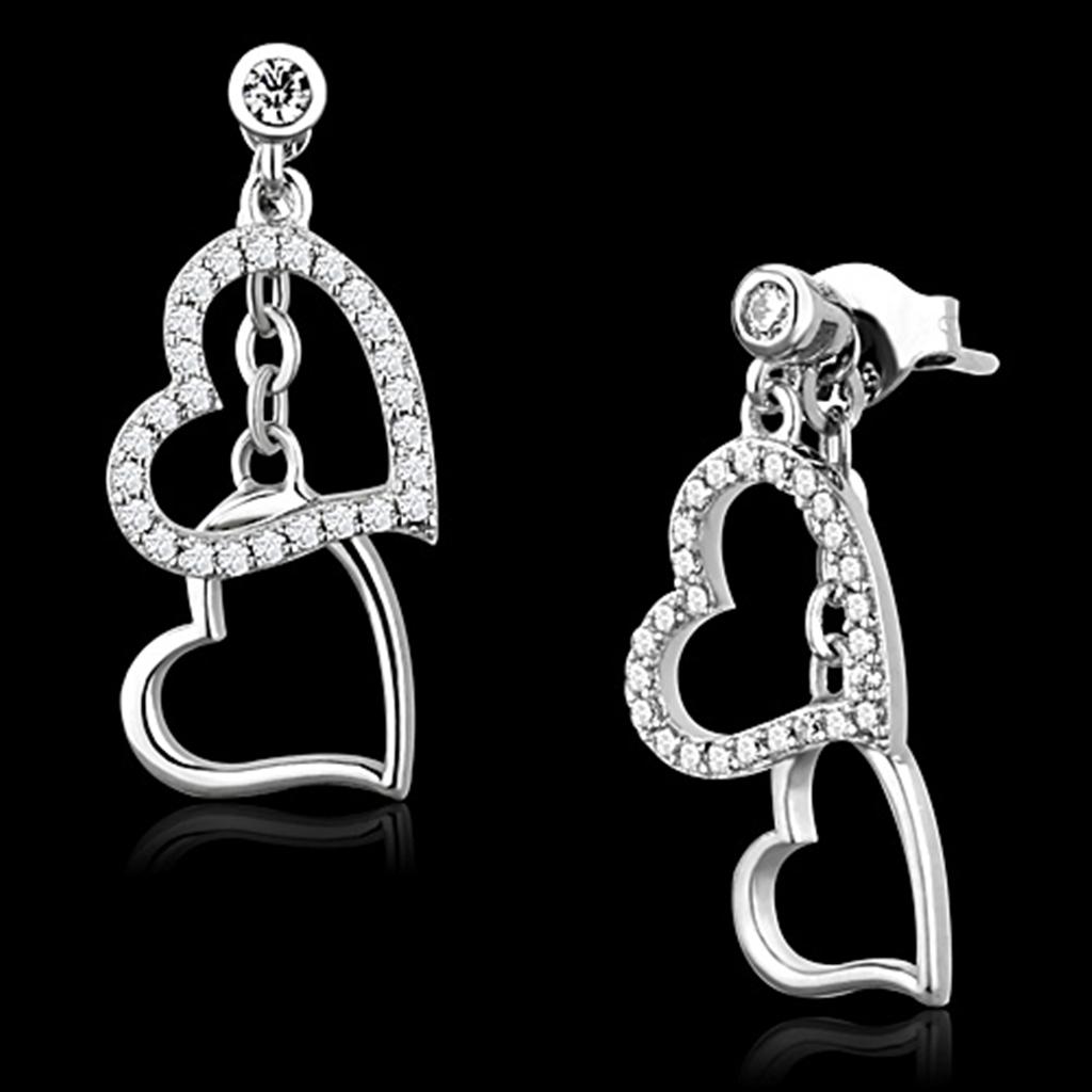 TS160 Rhodium 925 Sterling Silver Earrings featuring AAA Grade clear CZ stones, showcasing a brilliant shine and elegant design.