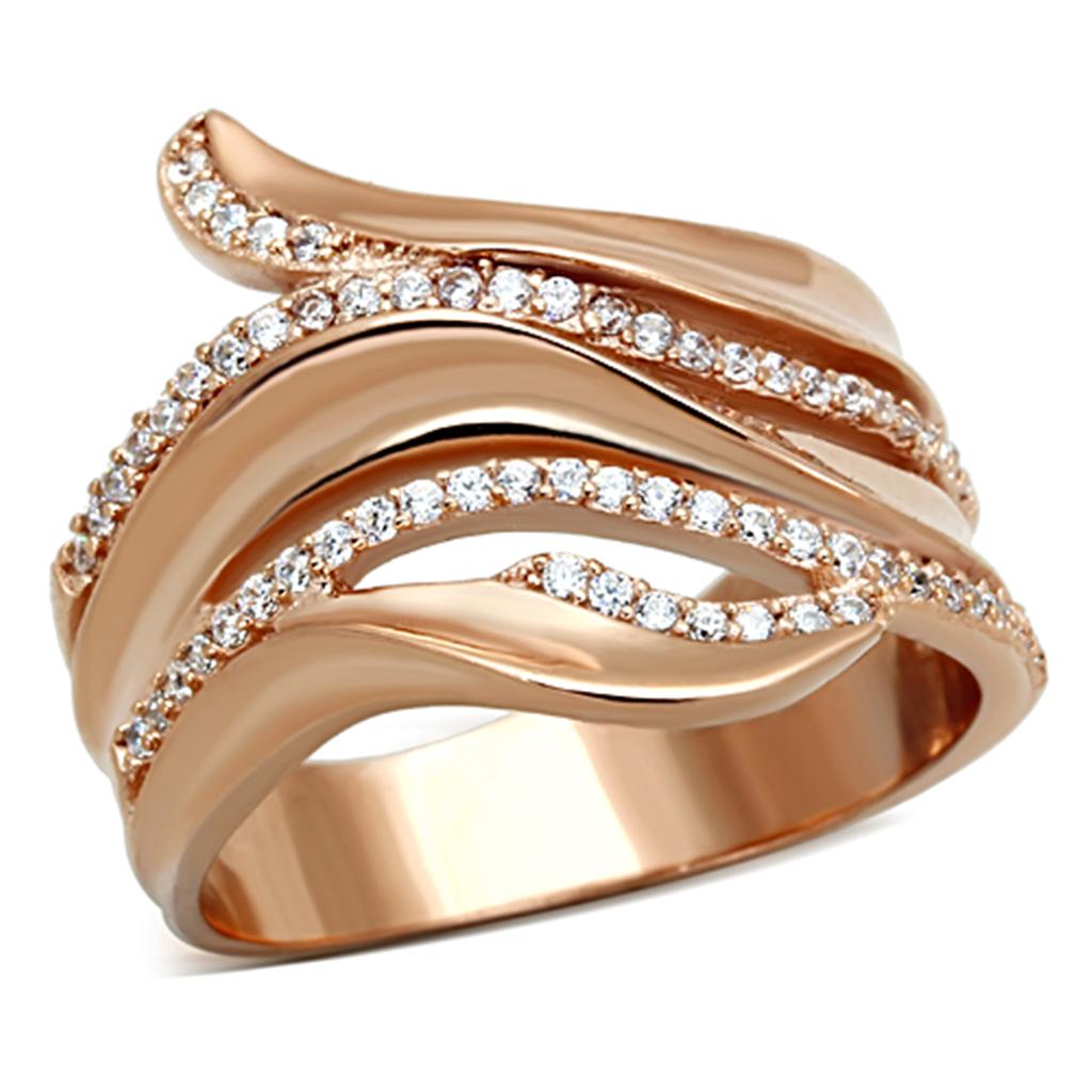 TS168 Rose Gold 925 Sterling Silver Ring featuring a clear AAA Grade CZ stone, showcasing elegance and sophistication.