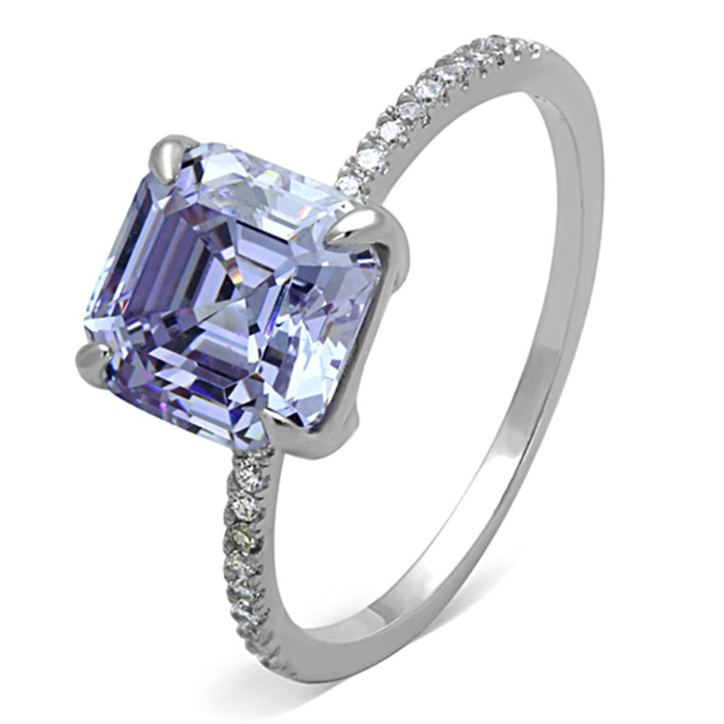 TS176 Rhodium 925 Sterling Silver Ring featuring a light amethyst cubic stone, showcasing its elegant design and craftsmanship.