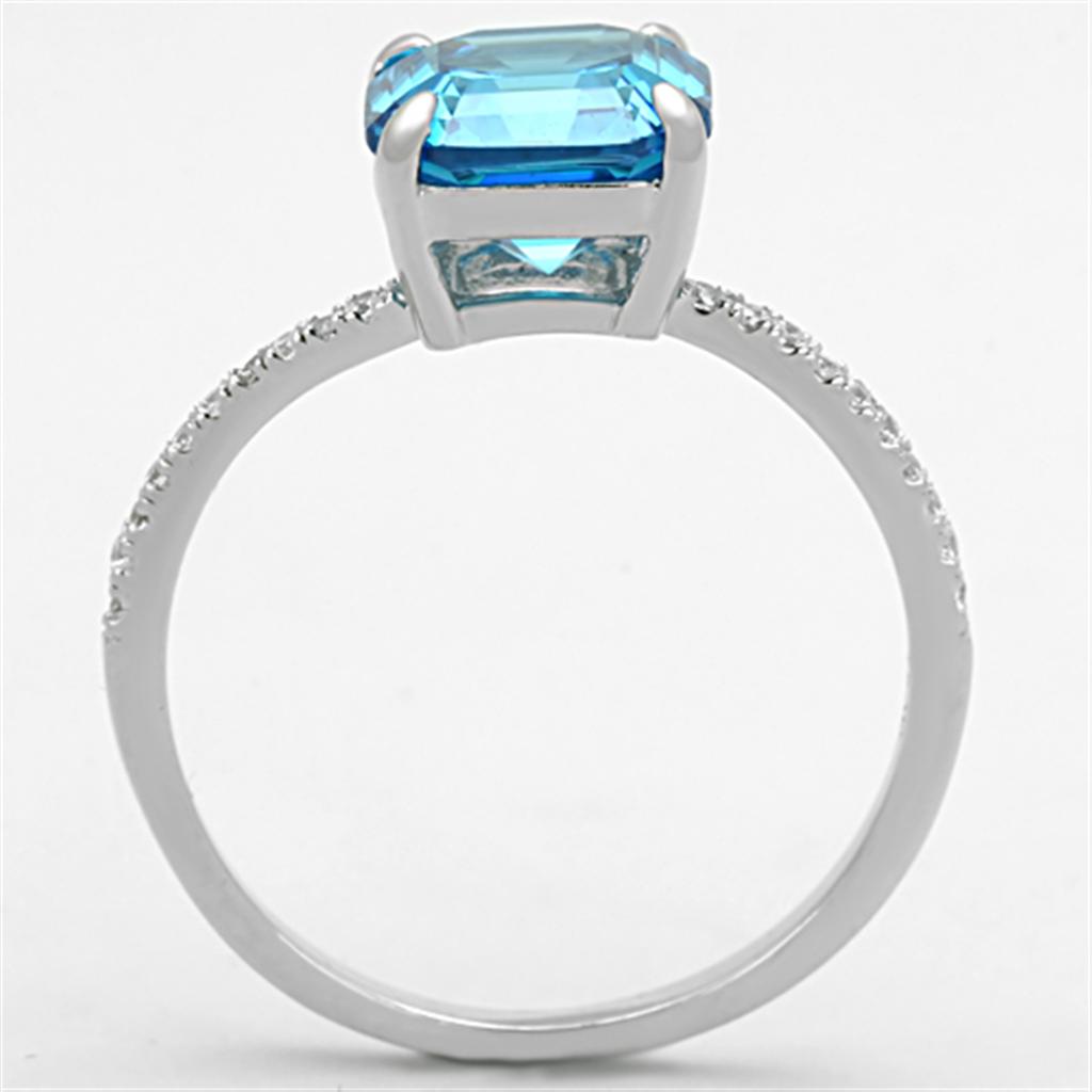 TS178 Rhodium 925 Sterling Silver Ring featuring a sea blue cubic stone, showcasing its elegant design and high-quality materials.