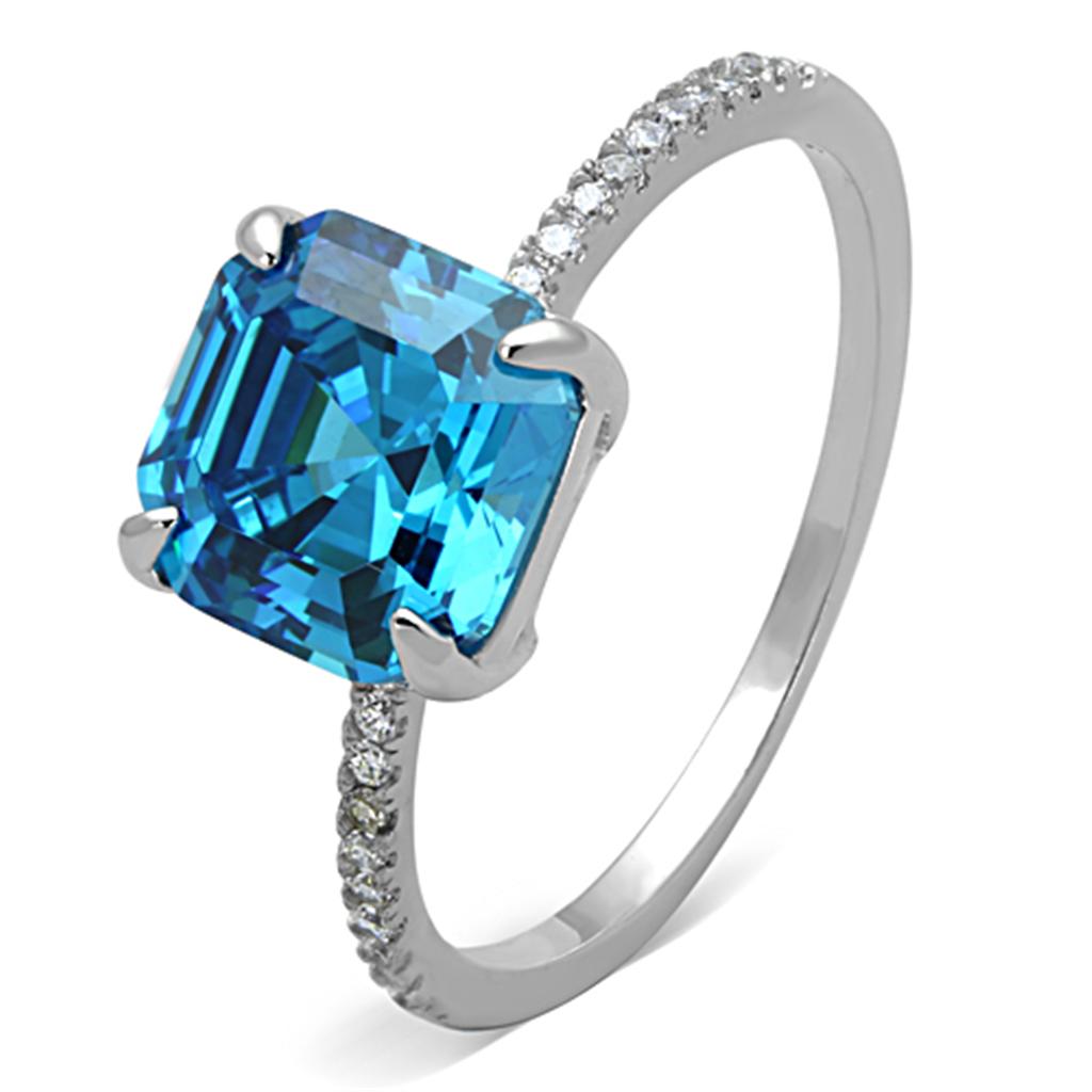 TS178 Rhodium 925 Sterling Silver Ring featuring a sea blue cubic stone, showcasing its elegant design and high-quality materials.