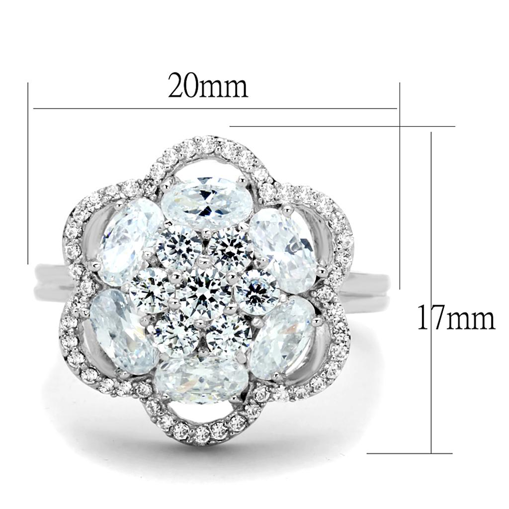 TS180 Rhodium 925 Sterling Silver Ring featuring a clear AAA Grade CZ stone, showcasing its elegant design and shine.