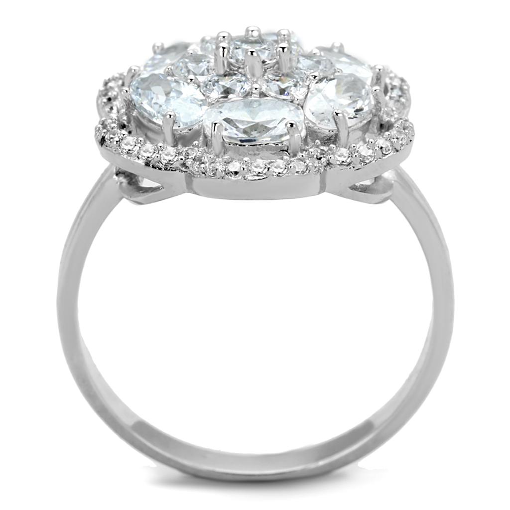 TS180 Rhodium 925 Sterling Silver Ring featuring a clear AAA Grade CZ stone, showcasing its elegant design and shine.