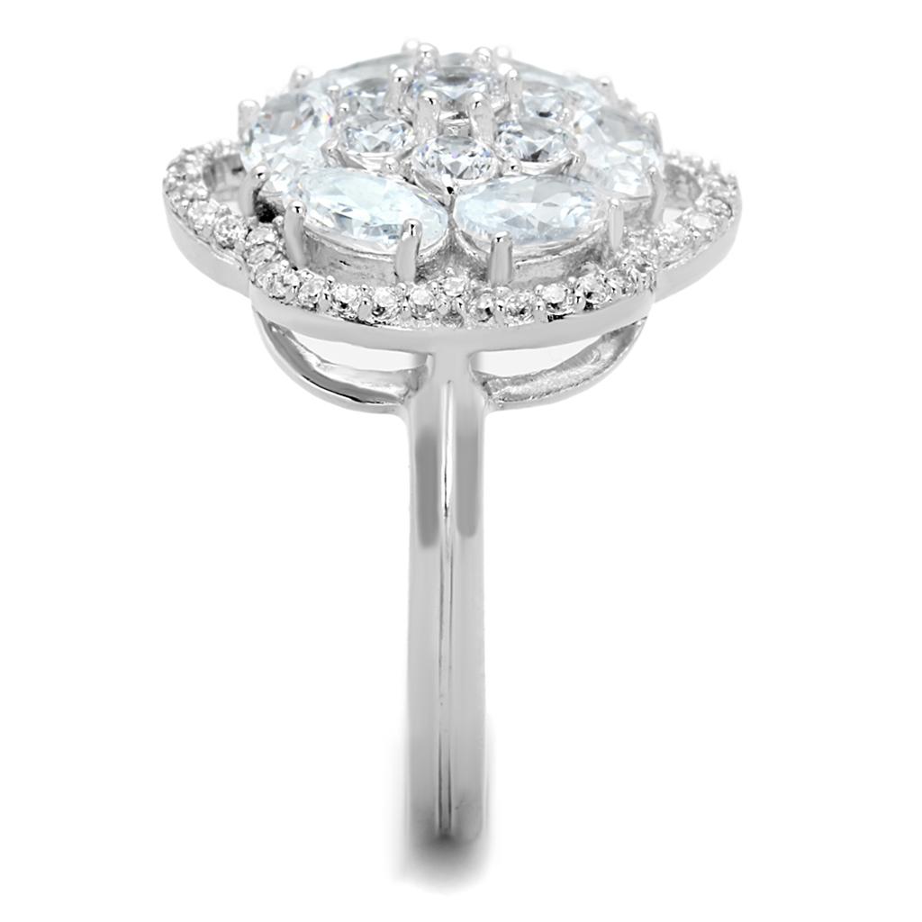 TS180 Rhodium 925 Sterling Silver Ring featuring a clear AAA Grade CZ stone, showcasing its elegant design and shine.