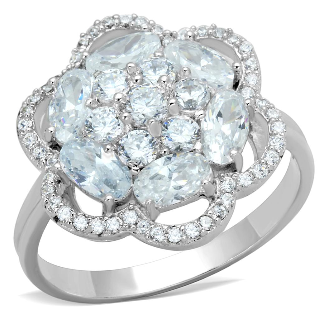 TS180 Rhodium 925 Sterling Silver Ring featuring a clear AAA Grade CZ stone, showcasing its elegant design and shine.