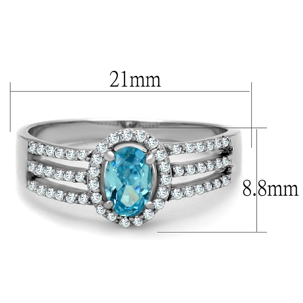 TS184 Rhodium 925 Sterling Silver Ring featuring a AAA Grade CZ in a vibrant sea blue color, elegantly designed for any occasion.