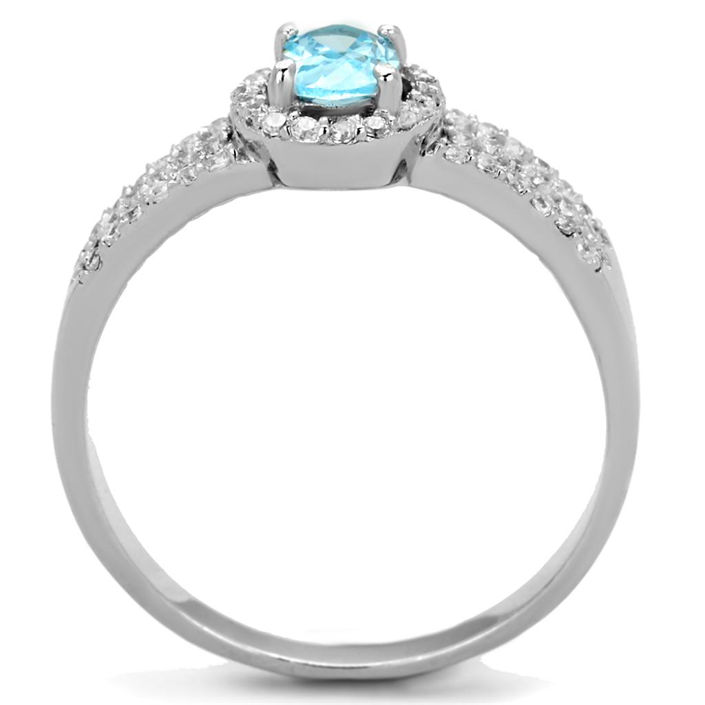 TS184 Rhodium 925 Sterling Silver Ring featuring a AAA Grade CZ in a vibrant sea blue color, elegantly designed for any occasion.