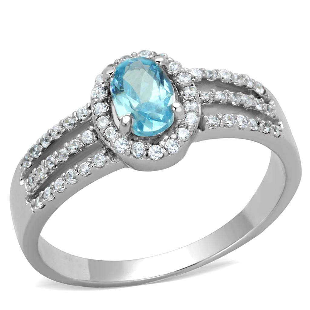 TS184 Rhodium 925 Sterling Silver Ring featuring a AAA Grade CZ in a vibrant sea blue color, elegantly designed for any occasion.