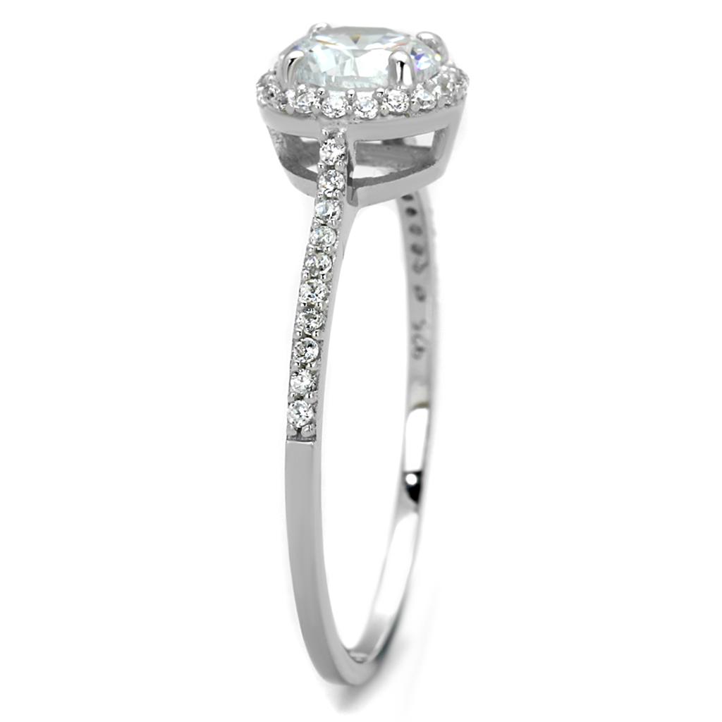 TS190 Rhodium 925 Sterling Silver Ring featuring a clear AAA Grade CZ stone, showcasing its elegant design and shiny finish.