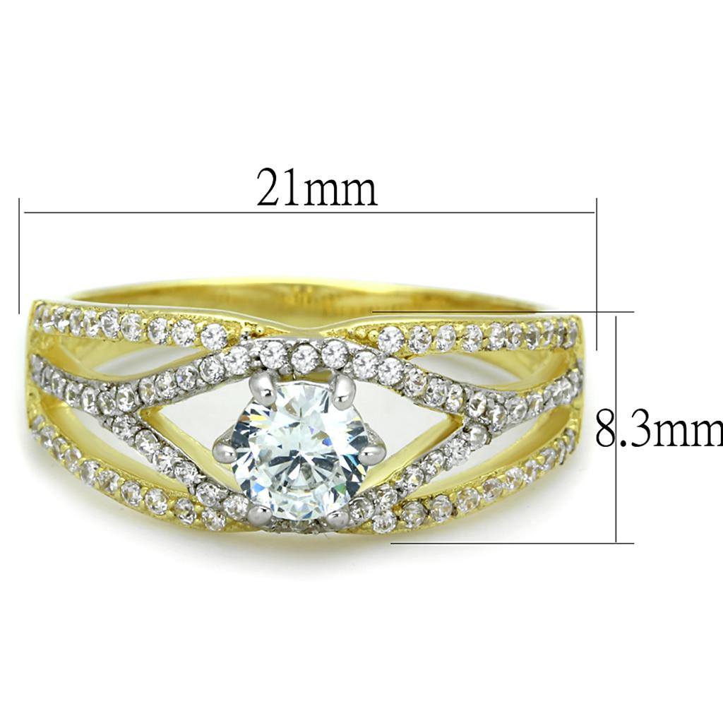 TS200 Gold and Rhodium 925 Sterling Silver Ring featuring a clear AAA Grade CZ center stone, showcasing elegance and quality.