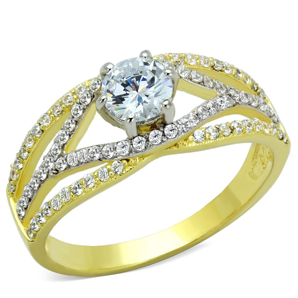 TS200 Gold and Rhodium 925 Sterling Silver Ring featuring a clear AAA Grade CZ center stone, showcasing elegance and quality.