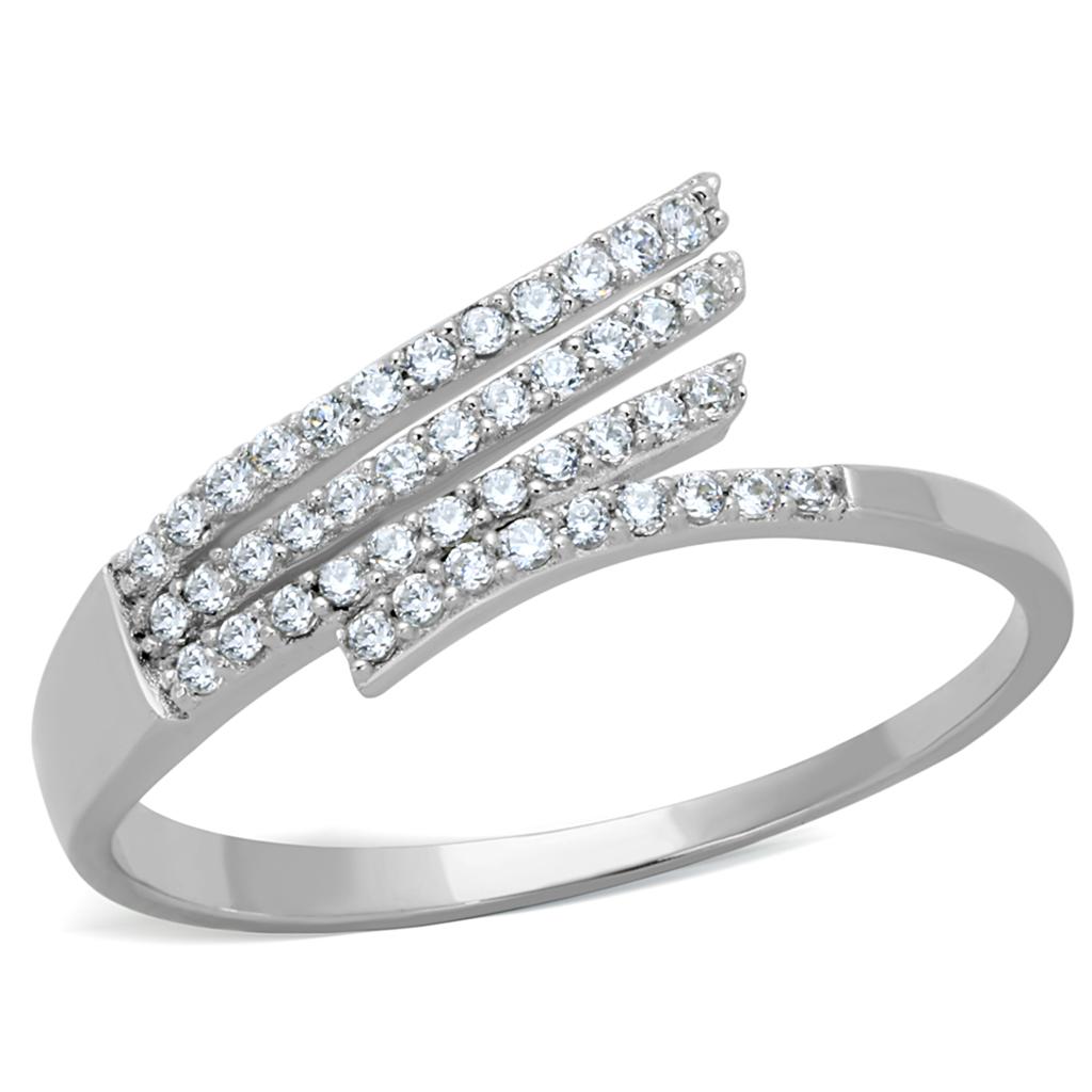 TS203 Rhodium 925 Sterling Silver Ring featuring a clear AAA grade CZ stone, elegantly designed for timeless beauty.