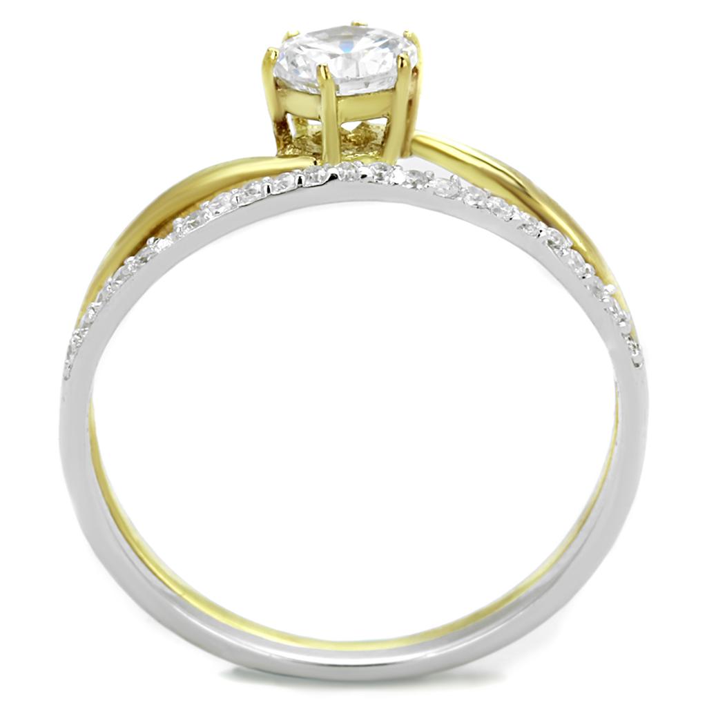 TS209 Gold and Rhodium 925 Sterling Silver Ring featuring a clear AAA Grade CZ stone, showcasing its elegant design and luxurious finish.