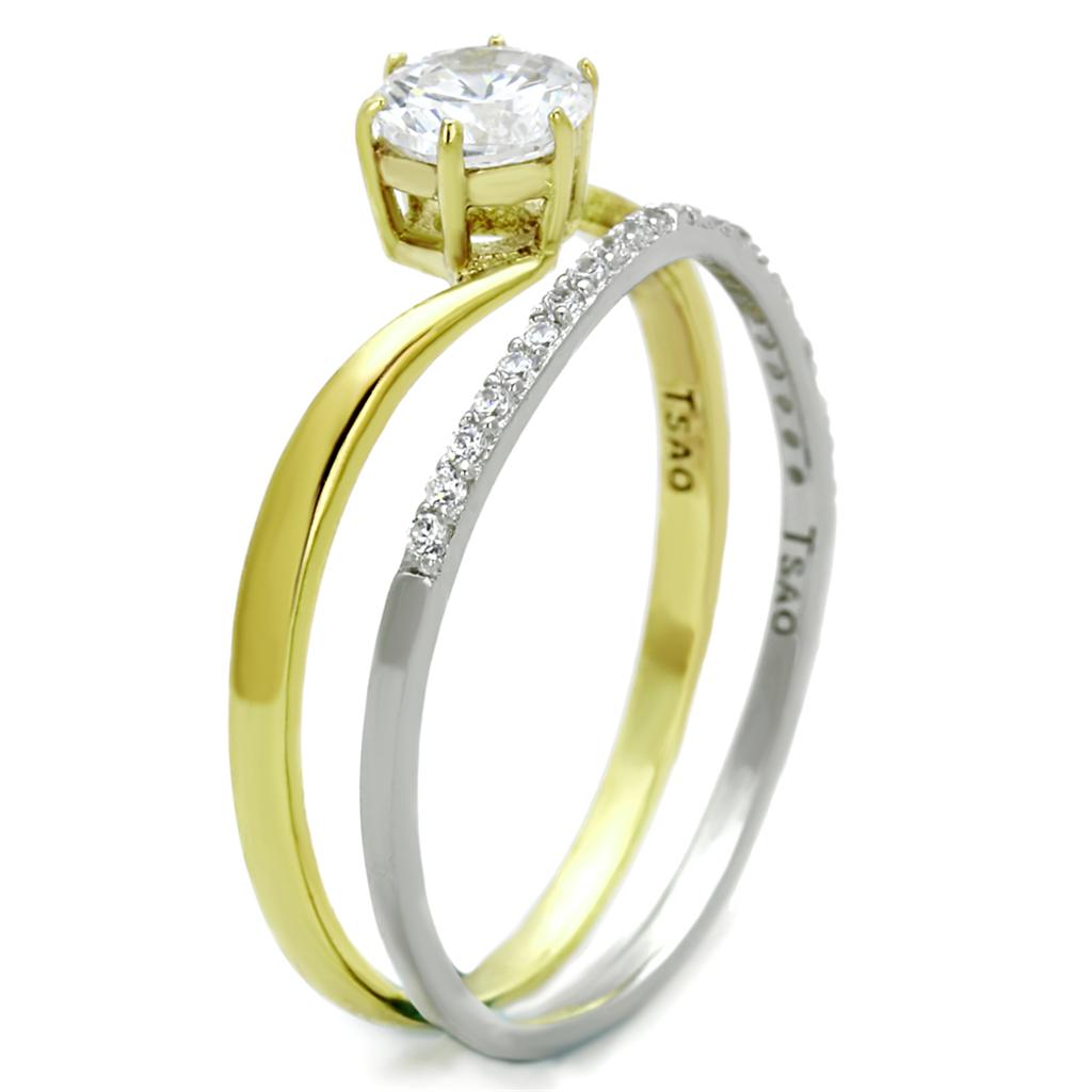 TS209 Gold and Rhodium 925 Sterling Silver Ring featuring a clear AAA Grade CZ stone, showcasing its elegant design and luxurious finish.