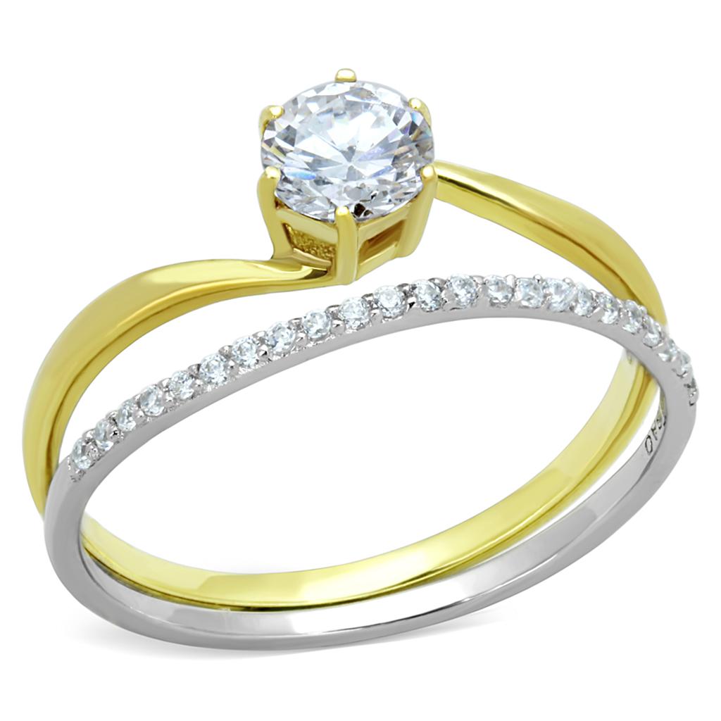 TS209 Gold and Rhodium 925 Sterling Silver Ring featuring a clear AAA Grade CZ stone, showcasing its elegant design and luxurious finish.