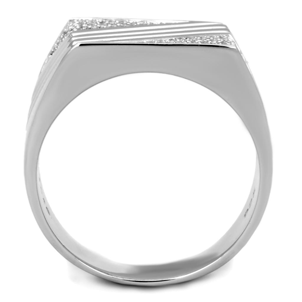 TS230 Rhodium 925 Sterling Silver Ring featuring a clear AAA Grade CZ stone, showcasing its elegant design and shine.