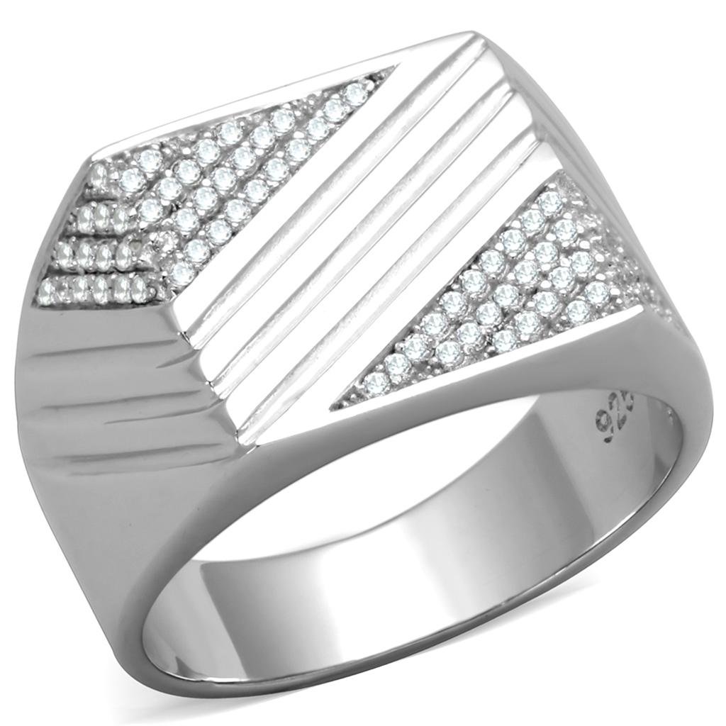 TS230 Rhodium 925 Sterling Silver Ring featuring a clear AAA Grade CZ stone, showcasing its elegant design and shine.