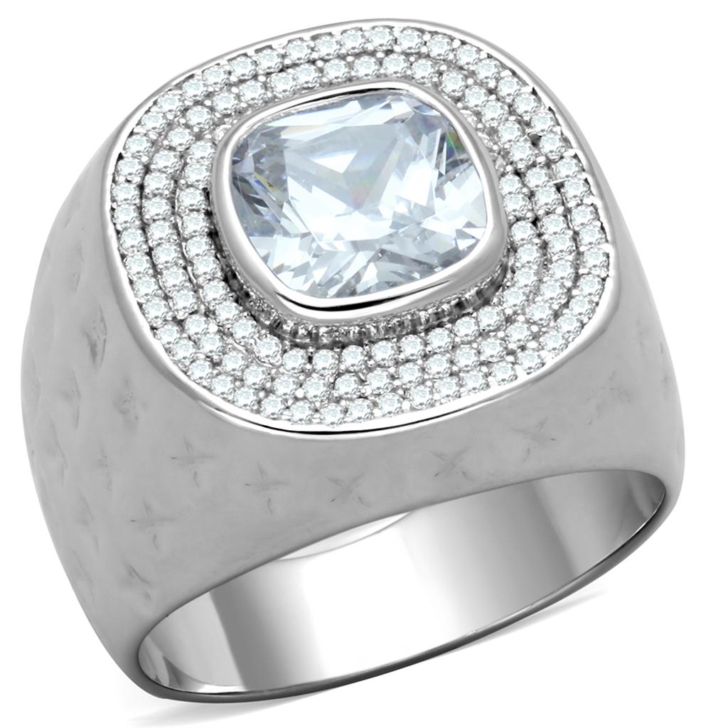 TS231 Rhodium 925 Sterling Silver Ring featuring a clear AAA Grade CZ stone, showcasing its elegant design and shiny finish.