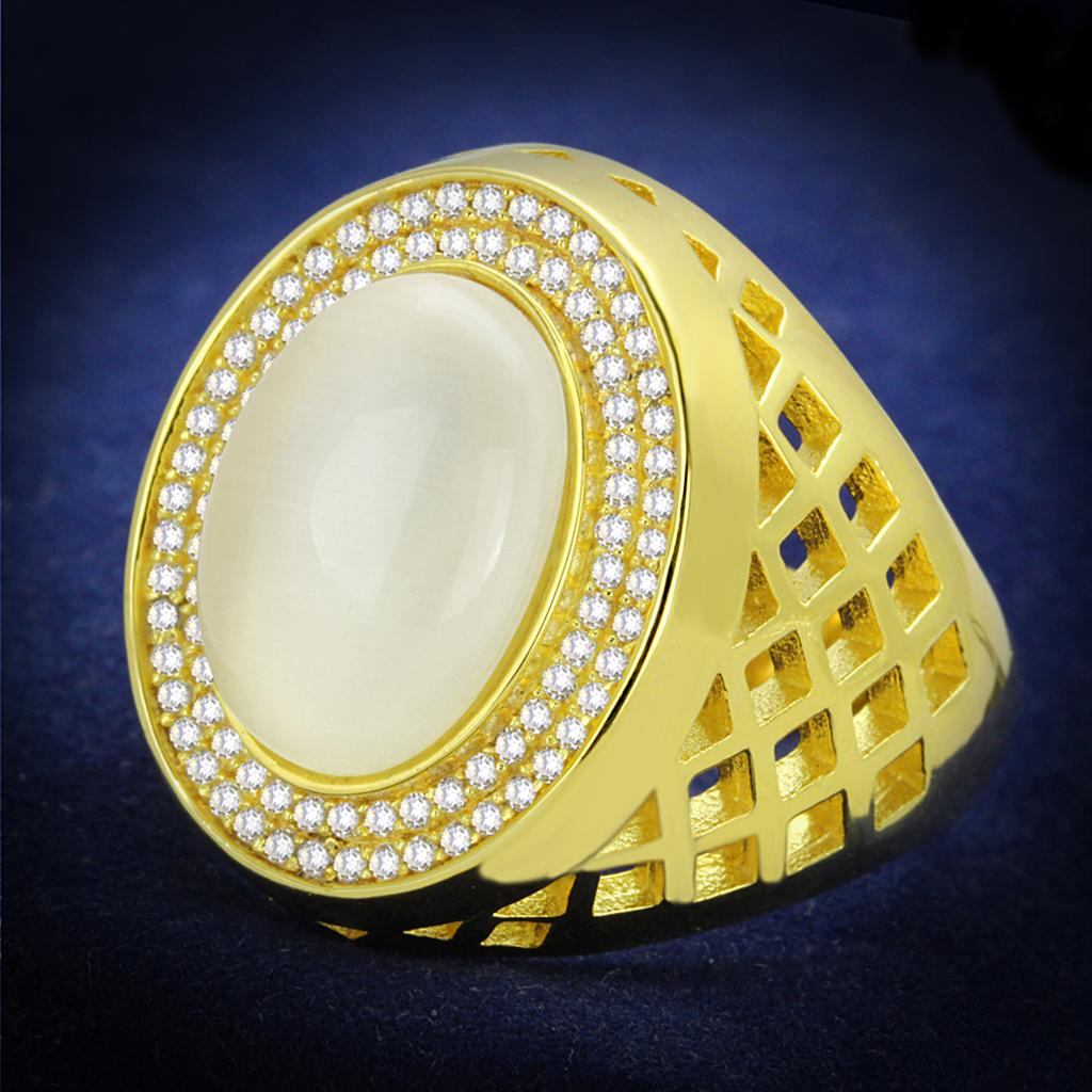 TS244 Gold 925 Sterling Silver Ring featuring a white synthetic cat eye stone, showcasing its elegant design and gold finish.