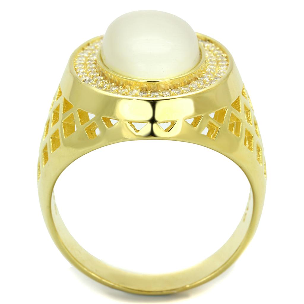 TS244 Gold 925 Sterling Silver Ring featuring a white synthetic cat eye stone, showcasing its elegant design and gold finish.