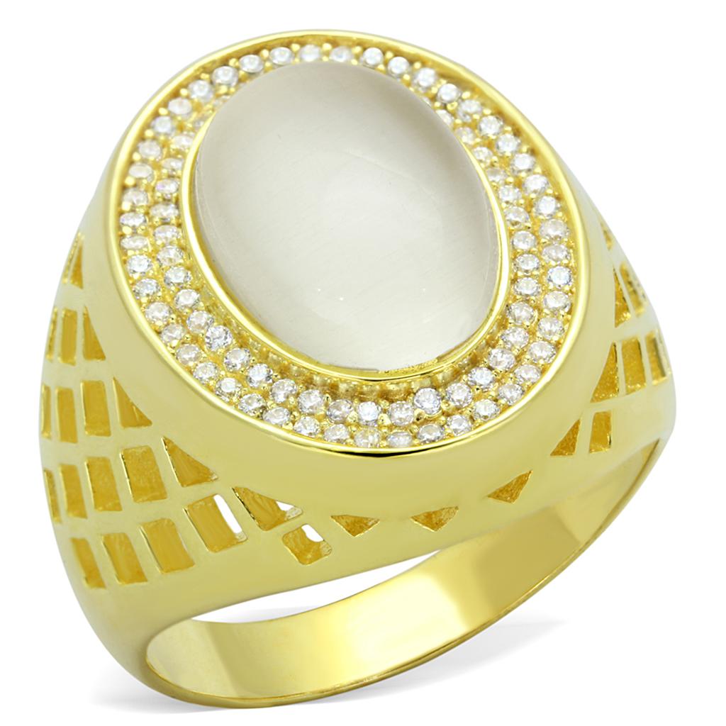 TS244 Gold 925 Sterling Silver Ring featuring a white synthetic cat eye stone, showcasing its elegant design and gold finish.