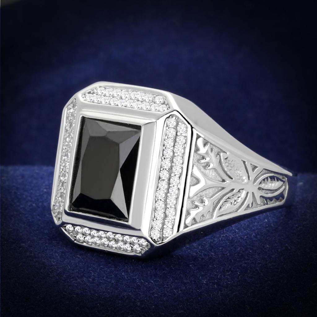 TS224 Rhodium 925 Sterling Silver Ring featuring a black AAA Grade CZ center stone, showcasing elegance and quality craftsmanship.