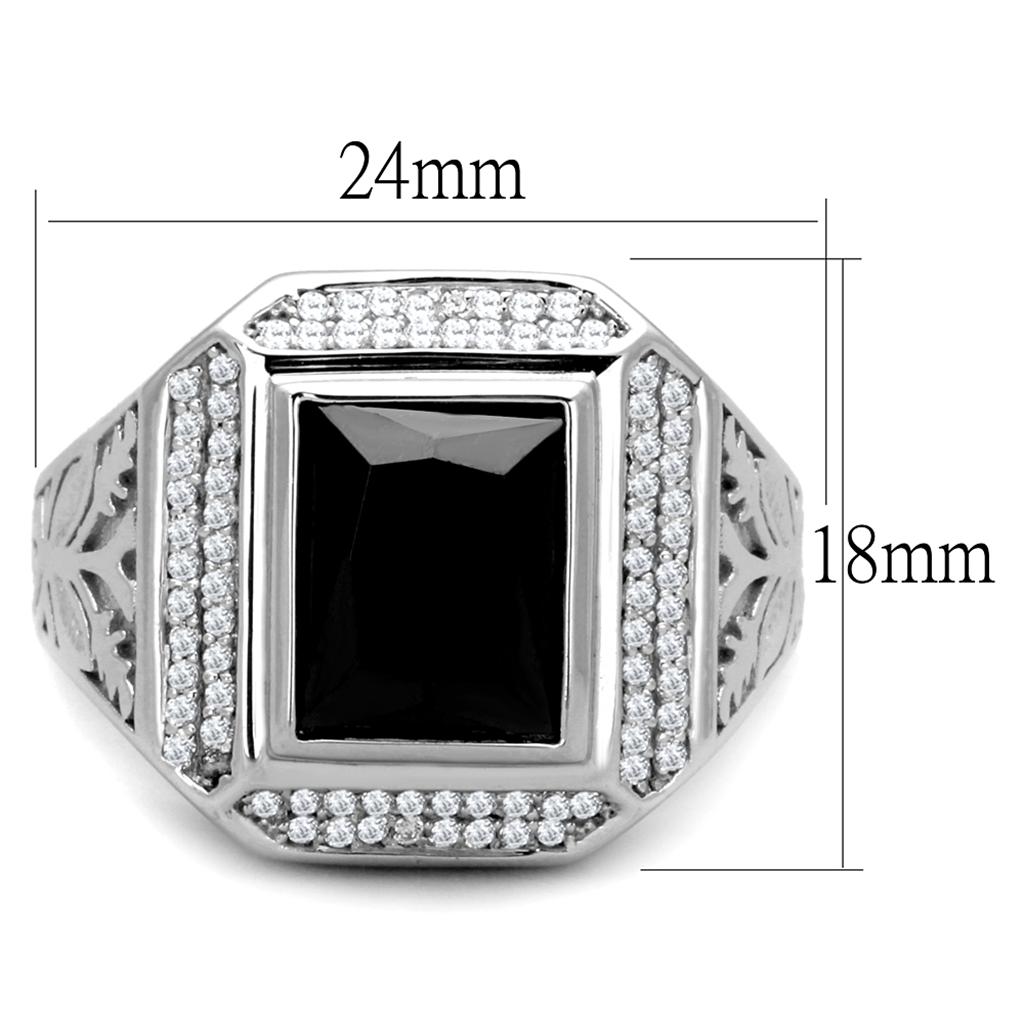 TS224 Rhodium 925 Sterling Silver Ring featuring a black AAA Grade CZ center stone, showcasing elegance and quality craftsmanship.