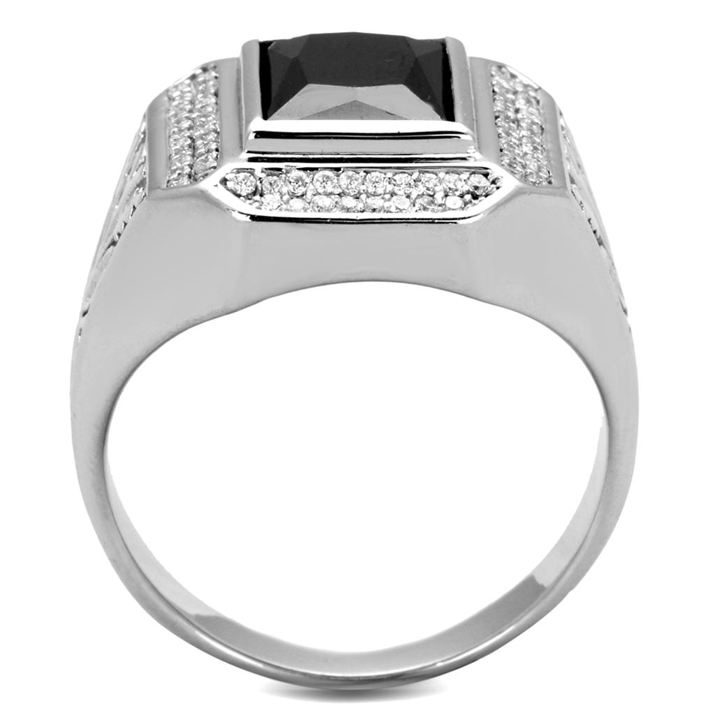 TS224 Rhodium 925 Sterling Silver Ring featuring a black AAA Grade CZ center stone, showcasing elegance and quality craftsmanship.