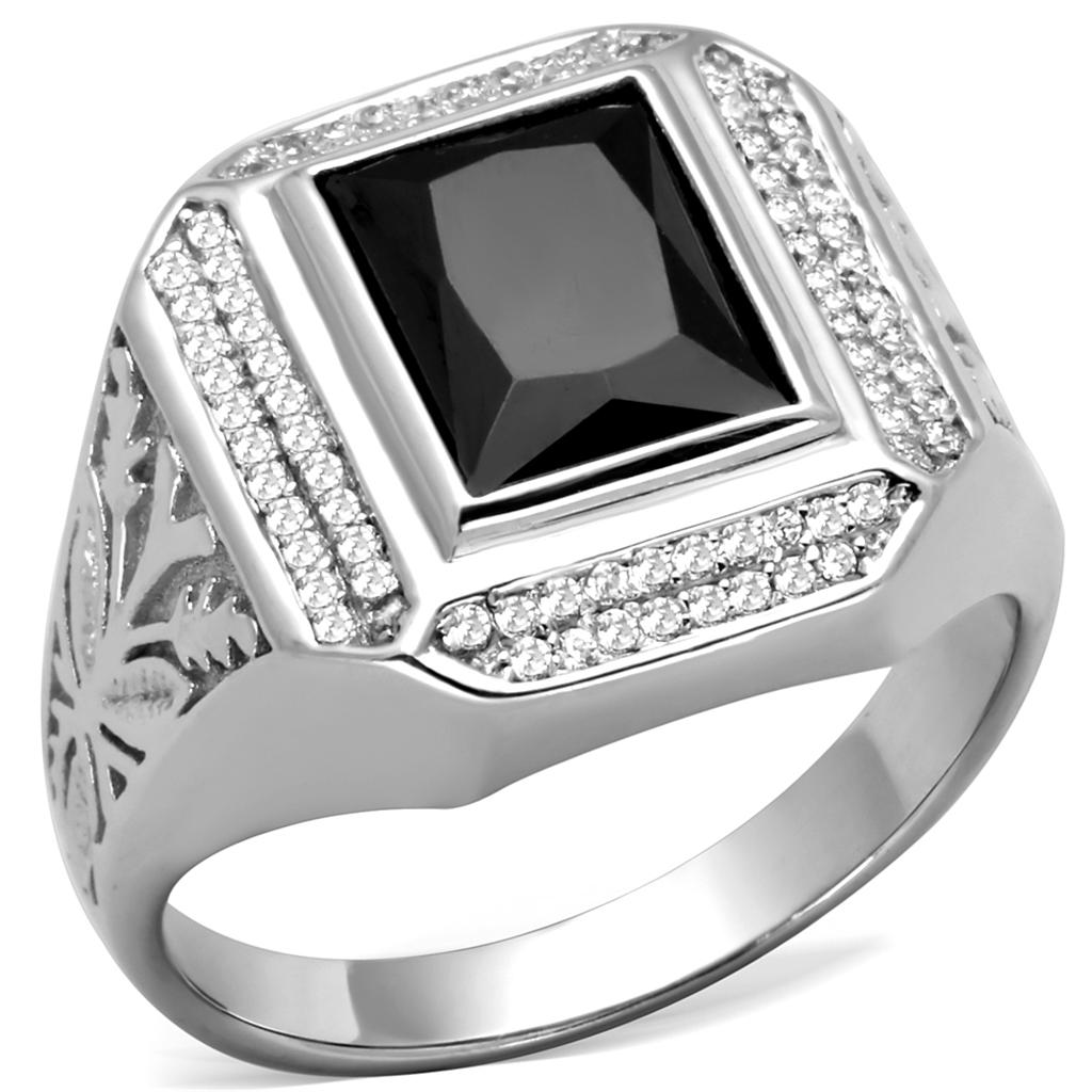 TS224 Rhodium 925 Sterling Silver Ring featuring a black AAA Grade CZ center stone, showcasing elegance and quality craftsmanship.