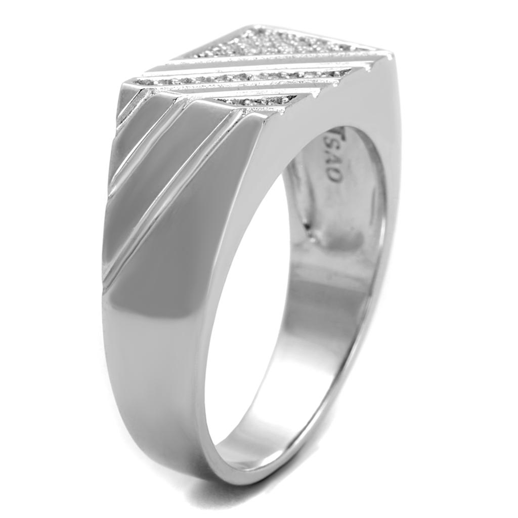 TS240 Rhodium 925 Sterling Silver Ring featuring a clear AAA Grade CZ stone, showcasing its elegant design and high-quality finish.