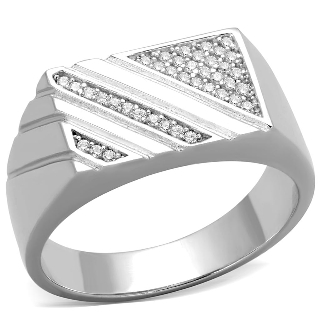 TS240 Rhodium 925 Sterling Silver Ring featuring a clear AAA Grade CZ stone, showcasing its elegant design and high-quality finish.