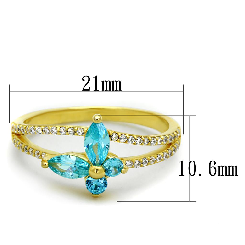 TS249 Gold 925 Sterling Silver Ring featuring a vibrant sea blue AAA Grade CZ stone, showcasing elegance and luxury.