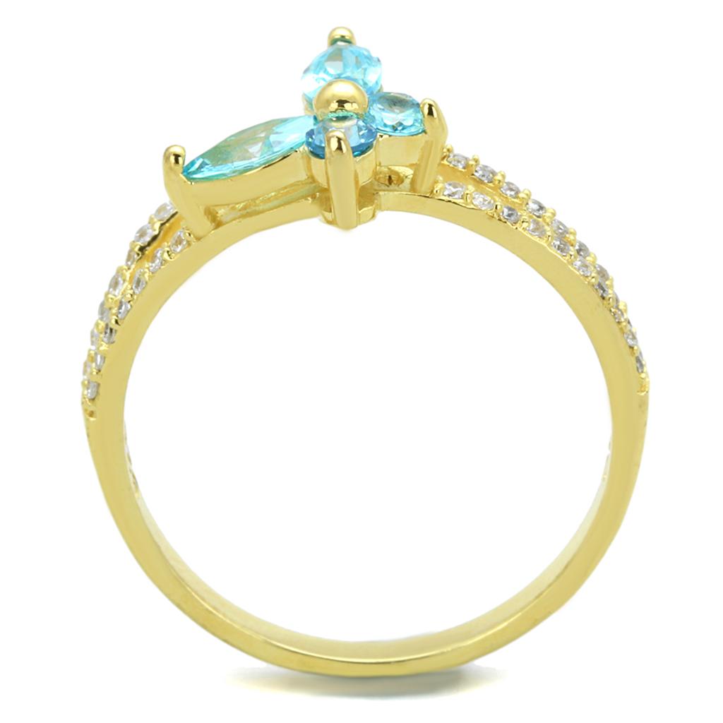 TS249 Gold 925 Sterling Silver Ring featuring a vibrant sea blue AAA Grade CZ stone, showcasing elegance and luxury.