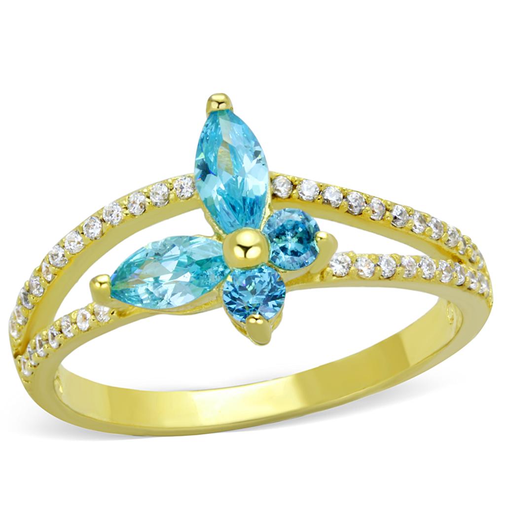 TS249 Gold 925 Sterling Silver Ring featuring a vibrant sea blue AAA Grade CZ stone, showcasing elegance and luxury.