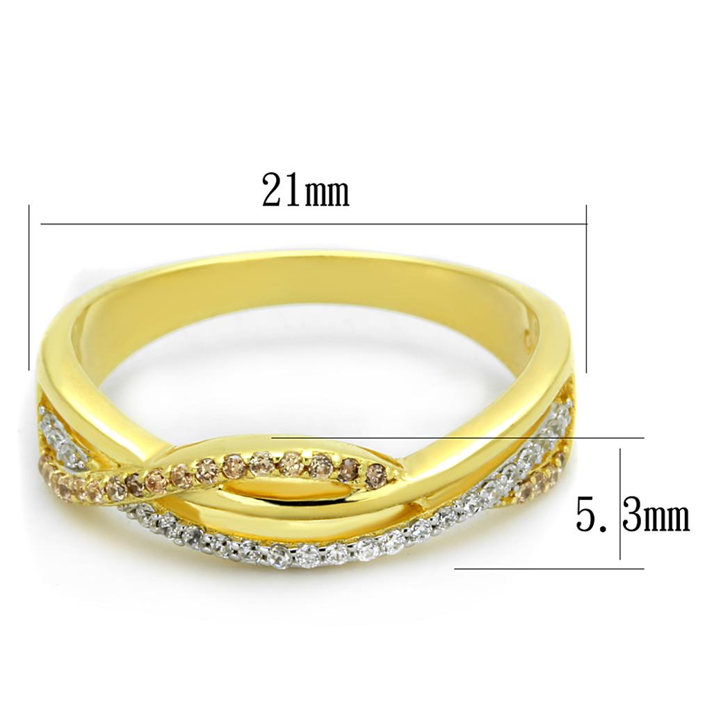 TS252 Gold and Rhodium 925 Sterling Silver Ring featuring a champagne AAA Grade CZ stone, showcasing elegance and quality.