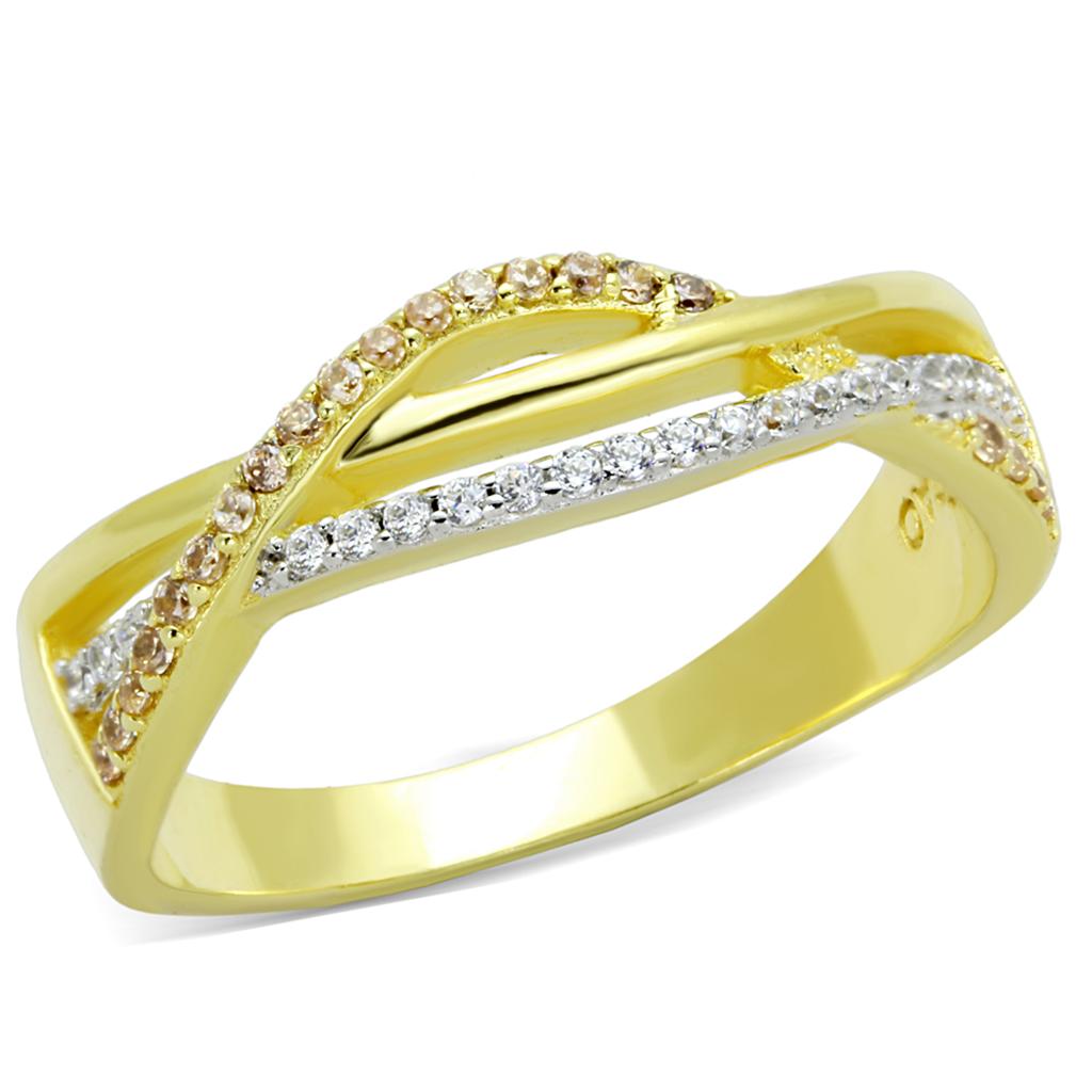 TS252 Gold and Rhodium 925 Sterling Silver Ring featuring a champagne AAA Grade CZ stone, showcasing elegance and quality.