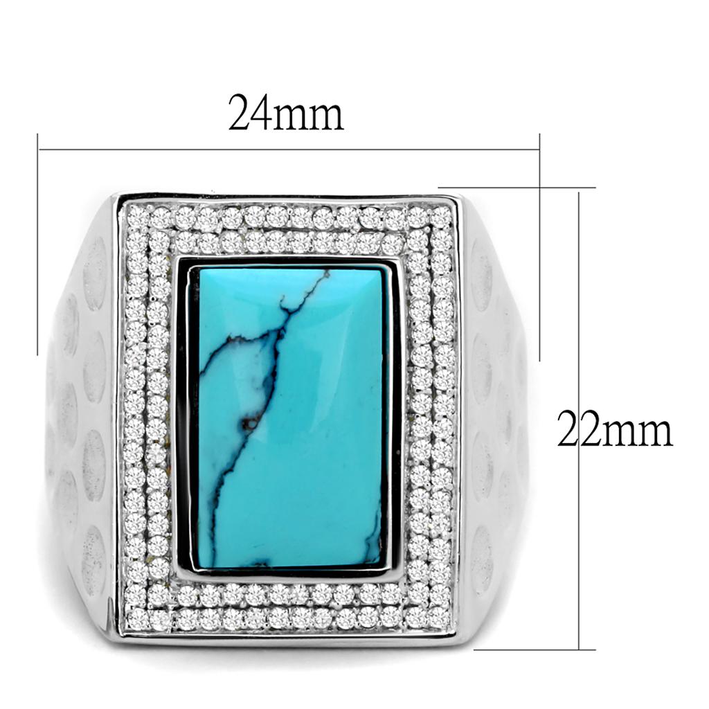 TS228 Rhodium 925 Sterling Silver Ring featuring a vibrant synthetic turquoise stone in a stylish design.