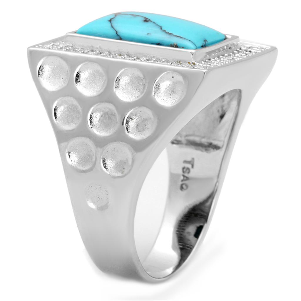 TS228 Rhodium 925 Sterling Silver Ring featuring a vibrant synthetic turquoise stone in a stylish design.