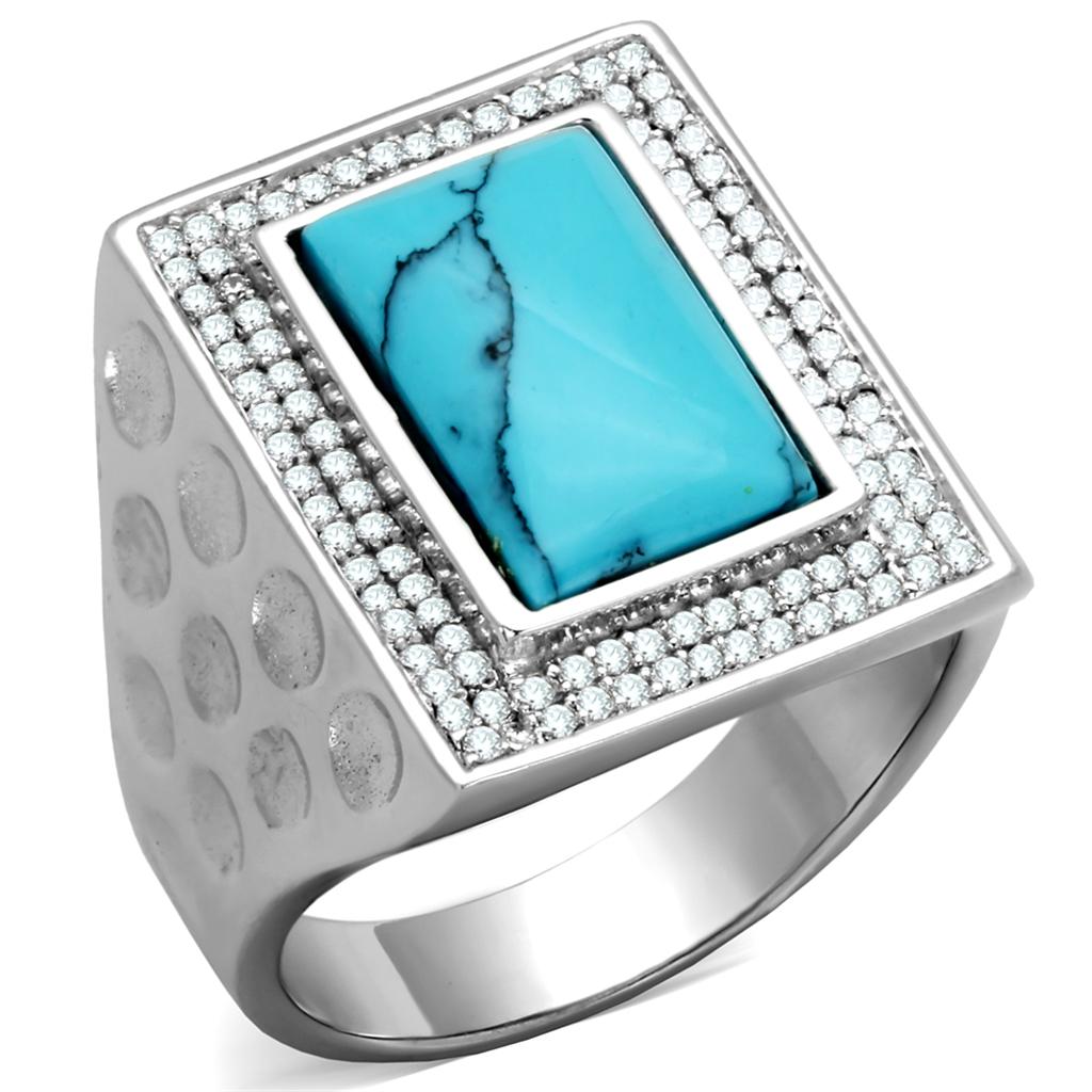 TS228 Rhodium 925 Sterling Silver Ring featuring a vibrant synthetic turquoise stone in a stylish design.