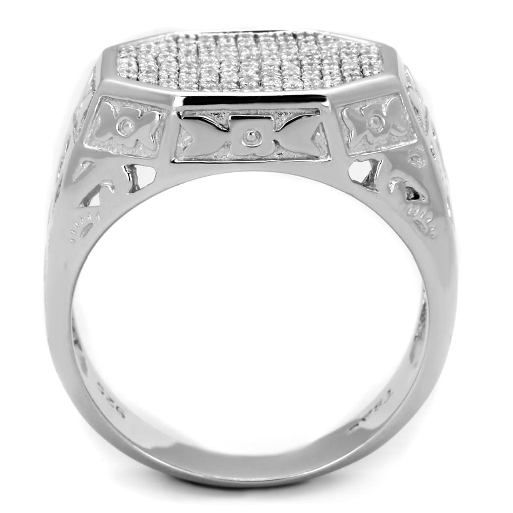 TS229 Rhodium 925 Sterling Silver Ring featuring a clear AAA Grade CZ stone, showcasing its elegant design and high-quality finish.