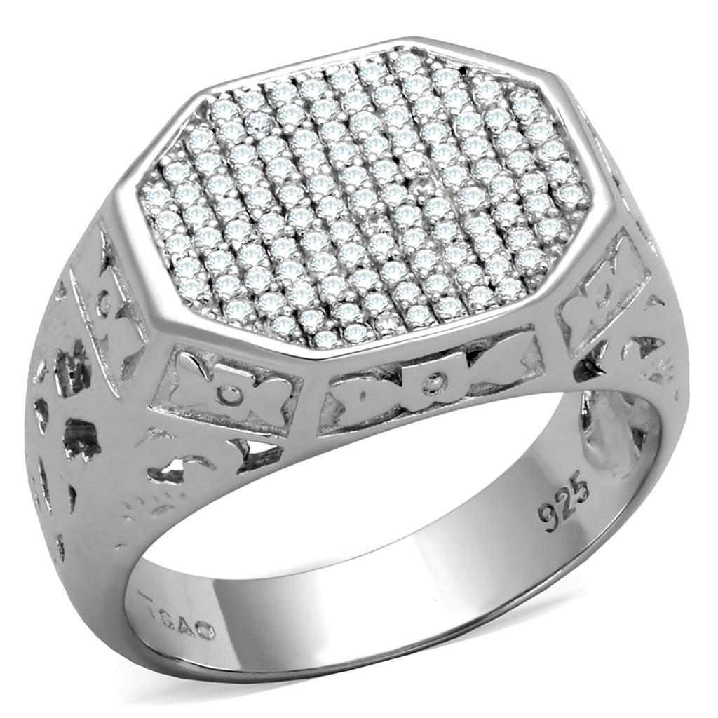 TS229 Rhodium 925 Sterling Silver Ring featuring a clear AAA Grade CZ stone, showcasing its elegant design and high-quality finish.