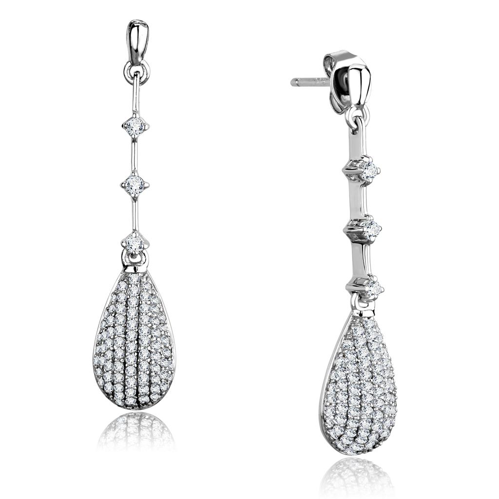 TS292 Rhodium 925 Sterling Silver Earrings featuring AAA Grade Clear CZ stones, showcasing their elegant design and shine.